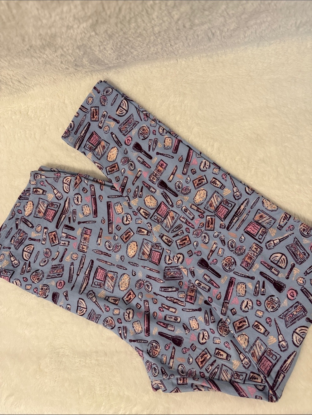 LuLaRoe Blue Makeup Print Leggings with Pink and Purple Accents